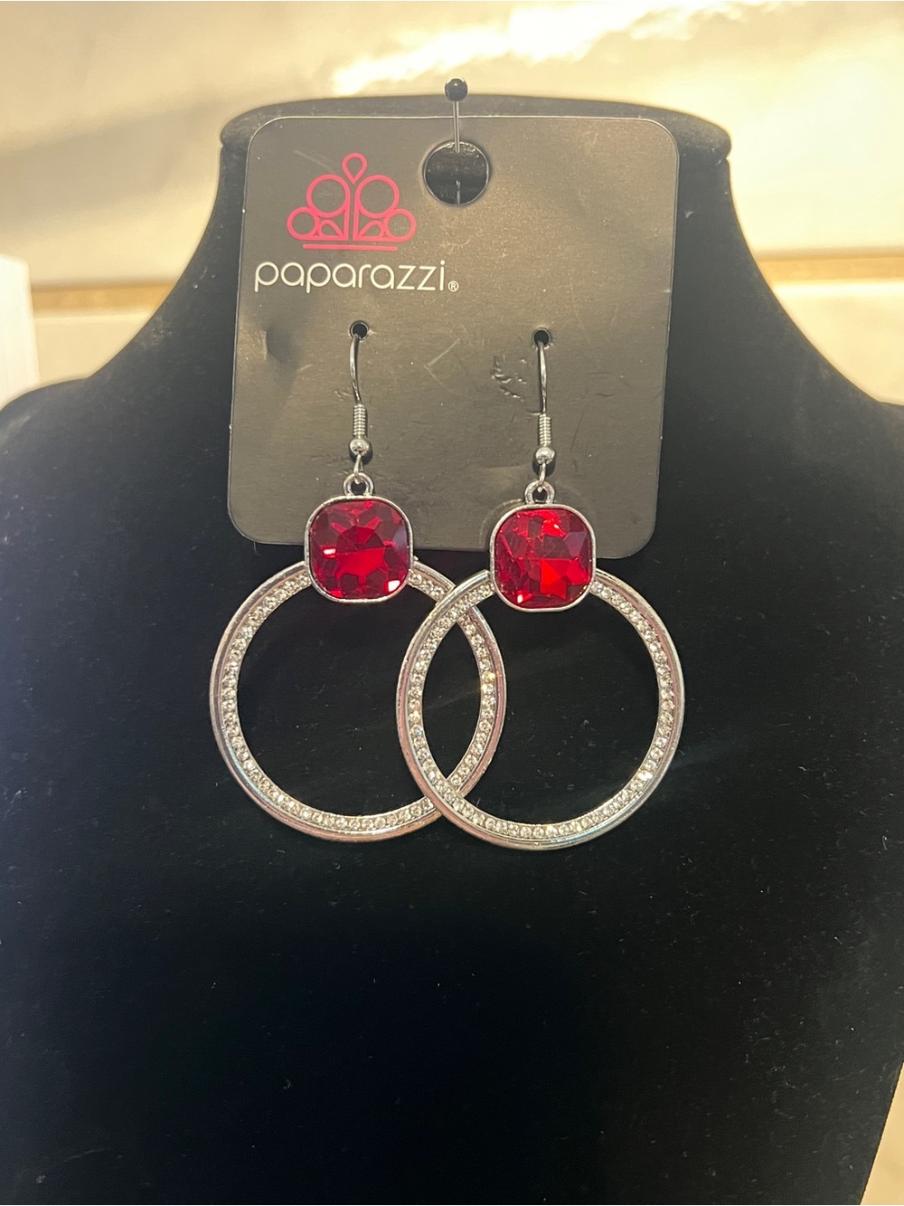 Paparazzi Ruby Red Gem & Silver Double Hoop Earrings